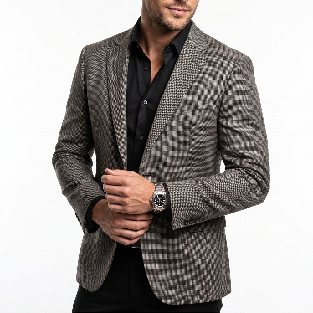 Mens 100% Wool Houndstooth Sport Coat Blazer Brown Blue Jacket 48L Dark Academia